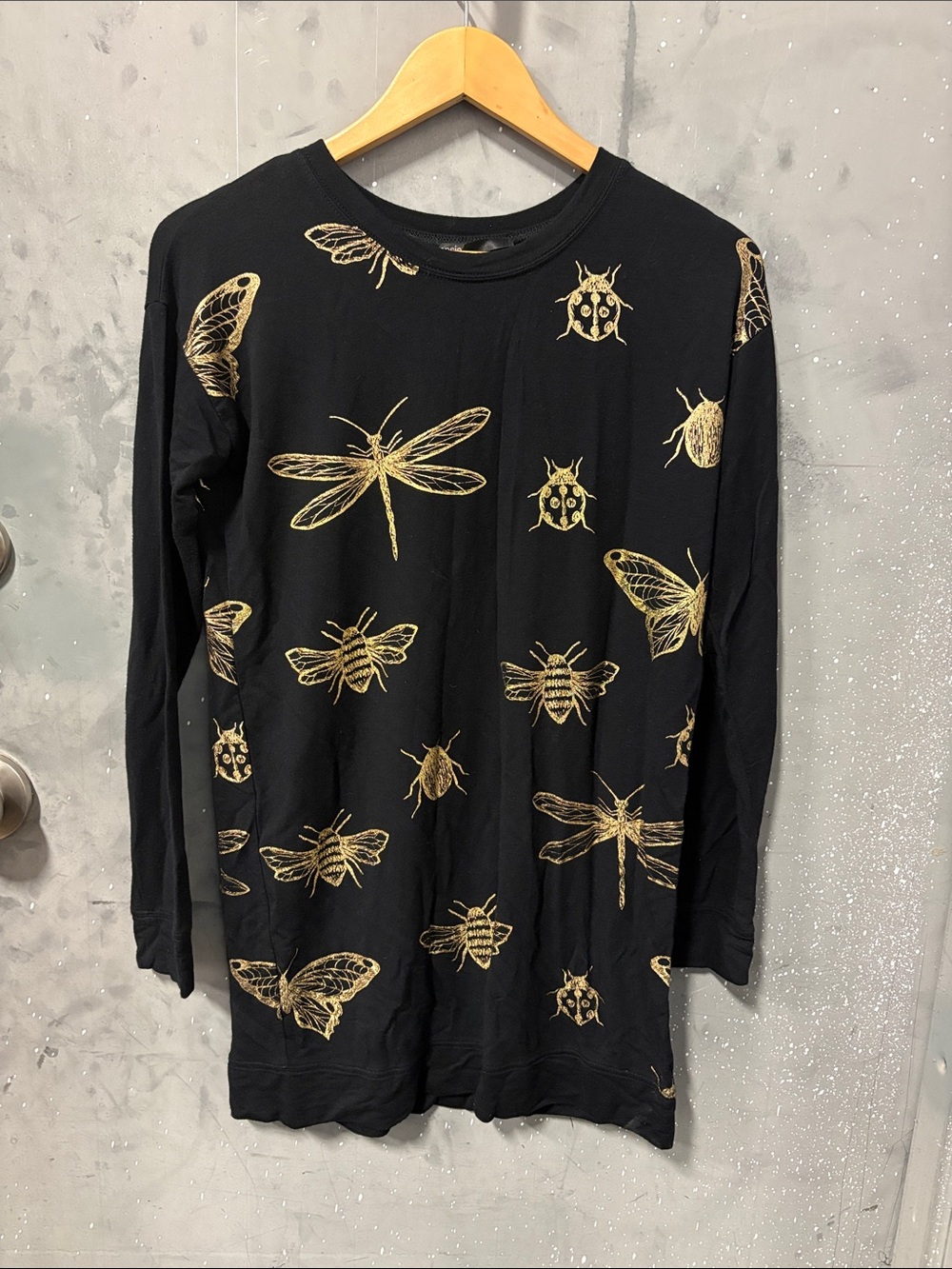 Kensie Black Tee with Metallic Gold Bug Print